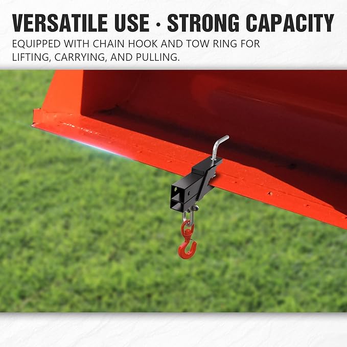 Clamp-On Tractor Bucket Hook Receiver Adapter with Quick Attach Receiver with Chain Hook for Lifting and Carrying Ring, 2" Receiver 1100 LB Towing Capacity, Compatible with 2" Front Bucket Lips