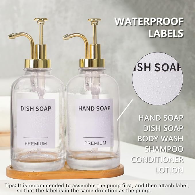 Dish Soap Dispenser for Kitchen, Hand Glass Soap Dispenser Set with Pump, Tray, Funnel for Bathroom, Shower, Laundry, Liquid, Lotion (Gold 2 Pack 18 Oz Clear Bottles with 12 Stickers)