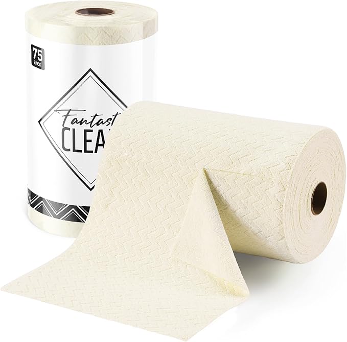Fantasticlean Microfiber Cleaning Cloth Roll, 12" x 12"- 75 Sheets, Reusable Tear Away Microfiber Towels, Ultra Absorbent Dish Rags for Car, Home or Office (Beige Ripple)