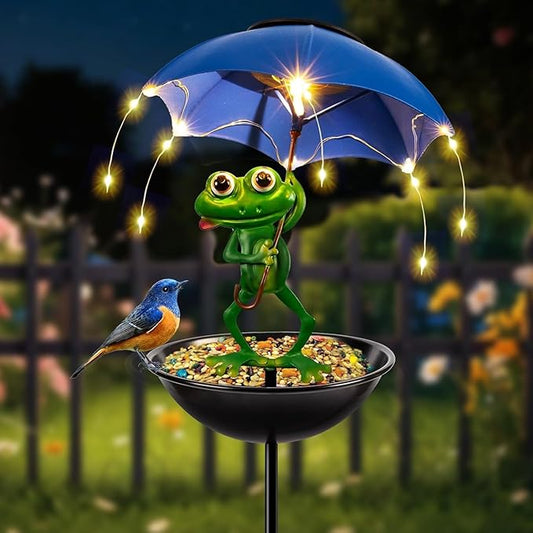Solar Bird Feeder Frog Garden Decor, Outdoor Solar Lights Frog Figurine Lights with Umbrella, Hummingbird Feeder Decorative Path Lights Yard Art Ornament Bird Feeder (Frog)