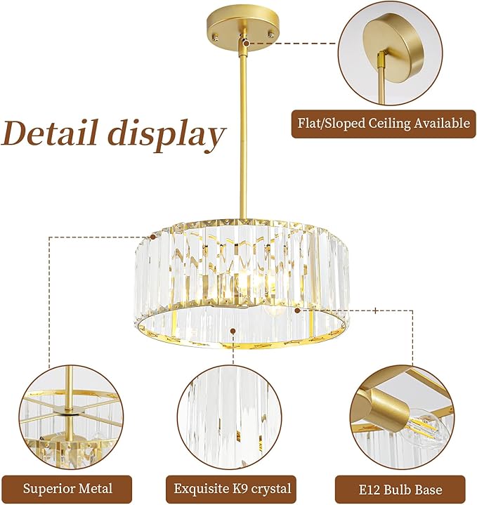 Small Gold Crystal Chandelier,Modern Dining Room Light Fixture Over Table,3-Ligh Round Kitchen Hallway Lighting Fixture, Semi Flush Mount Ceiling Pendant Light for Entryway Foyer, 12''
