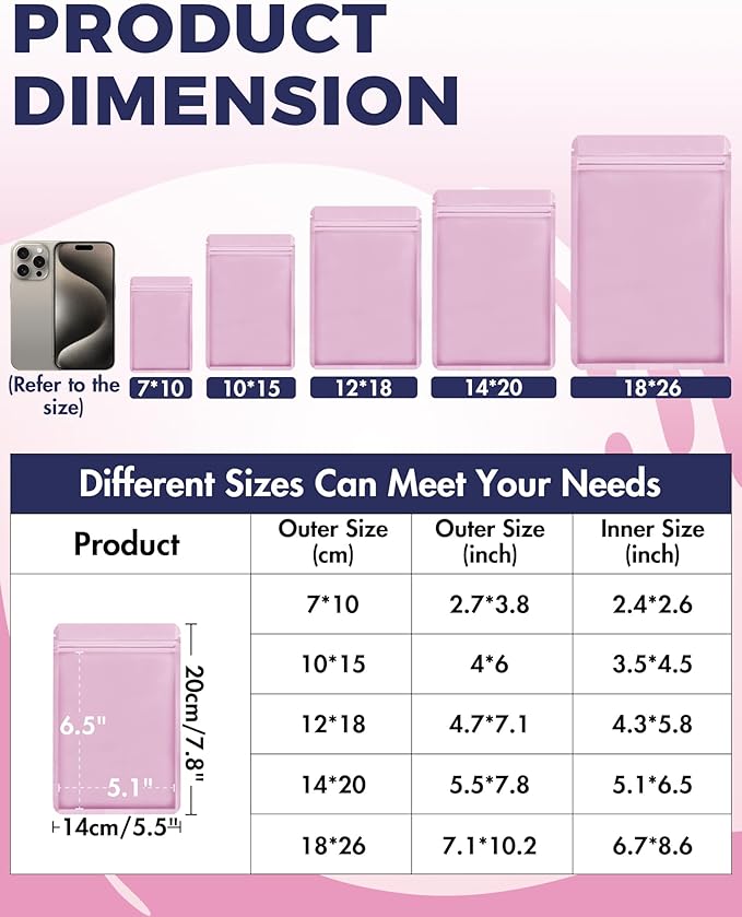 FireKylin 100 Pack Resealable Packaging Bags for Small Business Double-Sided Color Smell Proof Bags for Food Storage Flat Bags (Pink, 5.5" x 7.8")