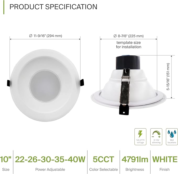 ASD Commercial LED Downlight 9/10 Inch, Round Power Adjustable Downlights 22/26/30/35/40W, Canless LED Recessed Lighting 120-277V, 5 CCT 2700K-5000K, Dimmable Ceiling Light Fixture IC Rated, White ETL