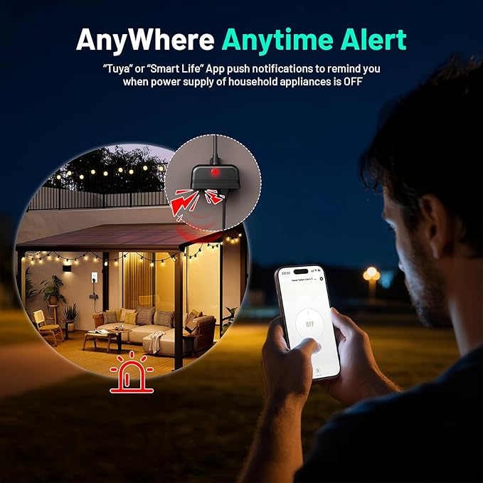 WiFi Power Failure Alarm Outdoor, Power Outlet Alarm with SmartLife App Alert for Indoor & Outdoor, 110dB Power Outage Detector for Freezer, Sump Pump, Auto Drip Irrigation, Greenhouse, Pond Pump