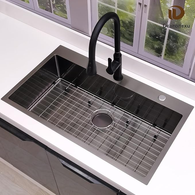 33 Inch Black Kitchen Sink Drop In – Delironexu 33x19 Drop In Kitchen Sink, 16 Gauge Black Stainless Steel sink Top Mount, Single Bowl kitchen Sinks with 4 Accessories