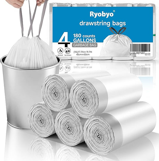 Small Trash Bags 4 Gallon Drawstring- 180 Counts 4 Gallon Trash Bag Extra Strong, Small Garbage Bags Unscented, Stretchy, Quick Cinch for Bathroom Kitchen, White
