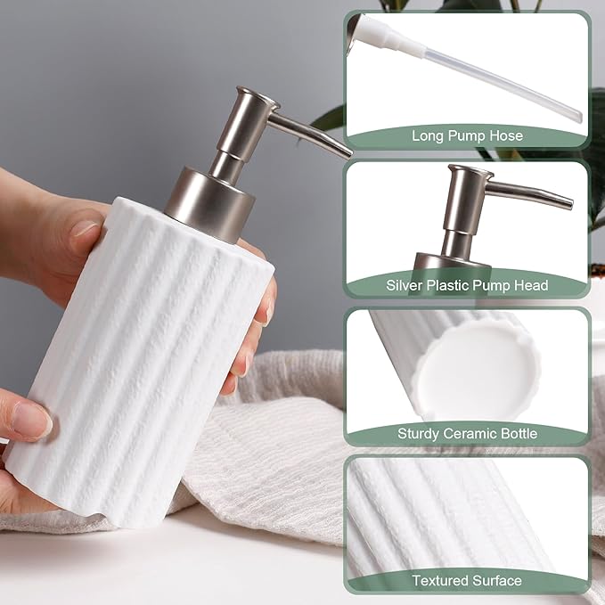 INGOFIN White Soap Dispenser, 10.5 oz Ceramic Lotion Dispenser - Refillable Hand Soap Dispenser Bathroom, Modern Liquid Dish Dispenser with Pump for Kitchen