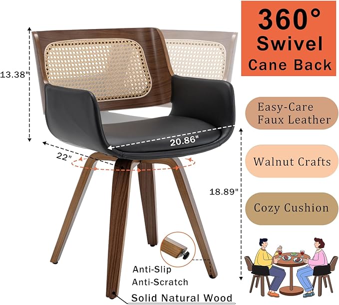 Set of 1 Swivel Dining Chairs - MCM Dining Chairs with Faux Leather Curved Arms, Cane Back, Walnut Bentwood Frame, Ideal for Kitchen/Living Room/Restaurant (Black)