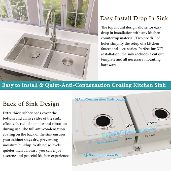 33 Inch Double Bowl Kitchen Sinks Drop In – Delironexu 16 Gauge Stainless Steel Kitchen Sink Double Bowl, 33x19 Drop In Double kitchen sink with Brushed Finish, 6 Inch Deep 50/50 Overmount Sink