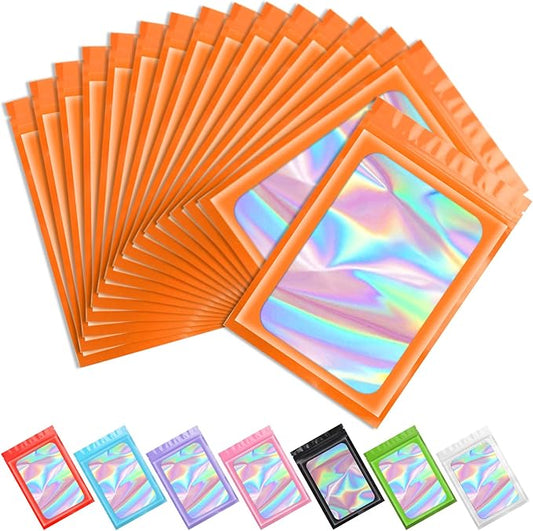 Funfery 100 pcs Smell Proof Mylar Holographic Bags Packaging Bags, Clear Resealable Odor Proof Bag Small Zipper Foil Pouch Bag for Food Storage Gloss Eyelash Jewelry Sample Treat (Orange,4x6in)