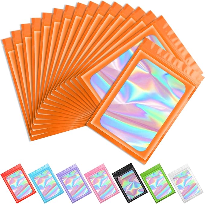 Funfery 100 pcs Orange Smell Proof Mylar Holographic Bags Packaging Bags,Clear Seal Resealable Odor Proof Bag Foil Pouch Zipper Bag for Food Storage,Gloss,Lash Packing for Small Business(3x4.7In)