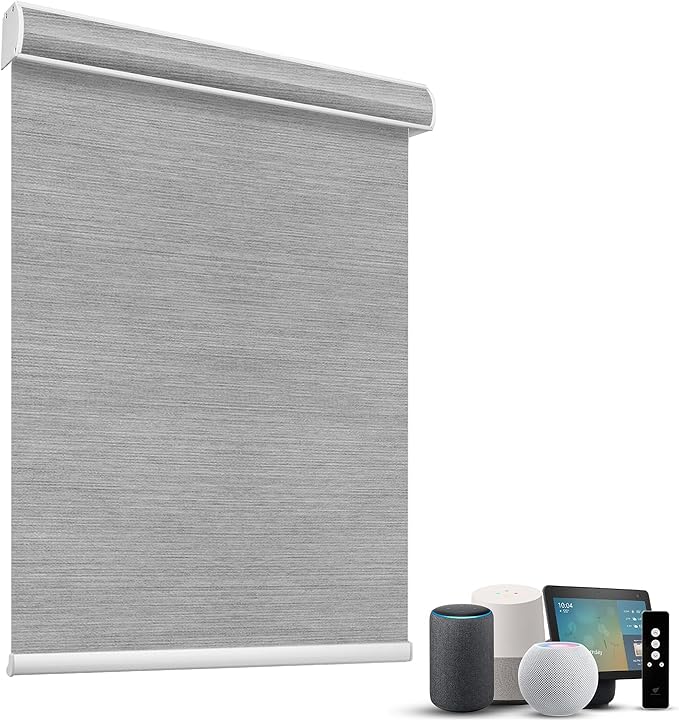 SmartWings Motorized Light Filtering Shades, 50% Blackout PVC Free Smart Blinds, Custom Size, Rechargeable Battery, Works with Matter/Apple HomeKit, Alexa, Thread/Zigbee, Remote Optional, 50% Silver