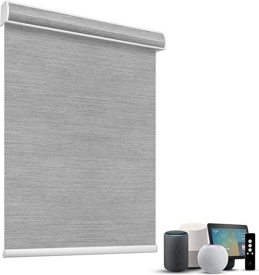 SmartWings Motorized Light Filtering Shades, 50% Blackout PVC Free Smart Blinds, Custom Size, Rechargeable Battery, Works with Matter/Apple HomeKit, Alexa, Thread/Zigbee, Remote Optional, 50% Silver