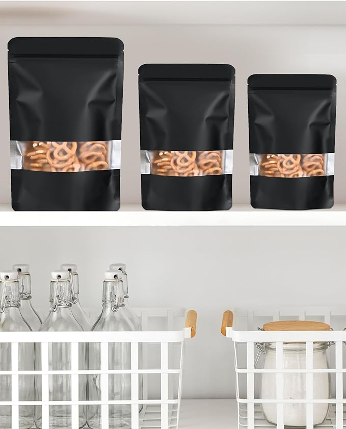 100 Pack Smell Proof Bags, Resealable Bags with Matte Window, Foil Pouch Stand Up Sealable Bags for Packaging（Black,3.5" x 5.1"）