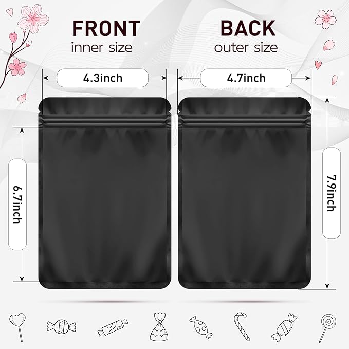 Funfery 100 Pack Black Mylar Packaging Bags Resealable Bags Double Sided Color Odor Proof Pouch Baggies Smell Proof Foil Bag for Food Storage,Small Business(Black,4.7x7.9inch)