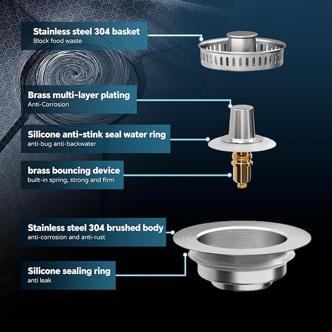 Kitchen Sink Drain Strainer, 4 in 1 All Stainless Steel Sink Strainer, Pop Up Anti-Clogging Sink Stopper, Sink Strainer with Copper Bounce for US Standard Sink Accessories, 2 Packs