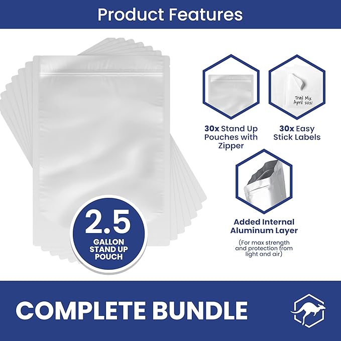 Wallaby 30 Count 2.5-Gallon Gusset Mylar Bags with Labels, 15 Mil Total Thickness Long-Term Food Storage Pouches, 15x12 Stand-Up Zipper Heat-Sealable Airtight Packaging - Silver