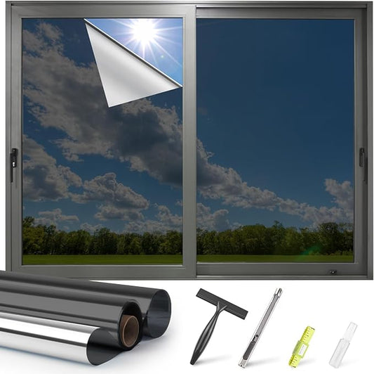 Kromapolis One Way Window Privacy Film Reflective Mirror Home Window Tint, Daytime Privacy Heat Control Anti UV Glass Tinting Static Cling (Black-Silver, 23.6 x 78.7 inch)
