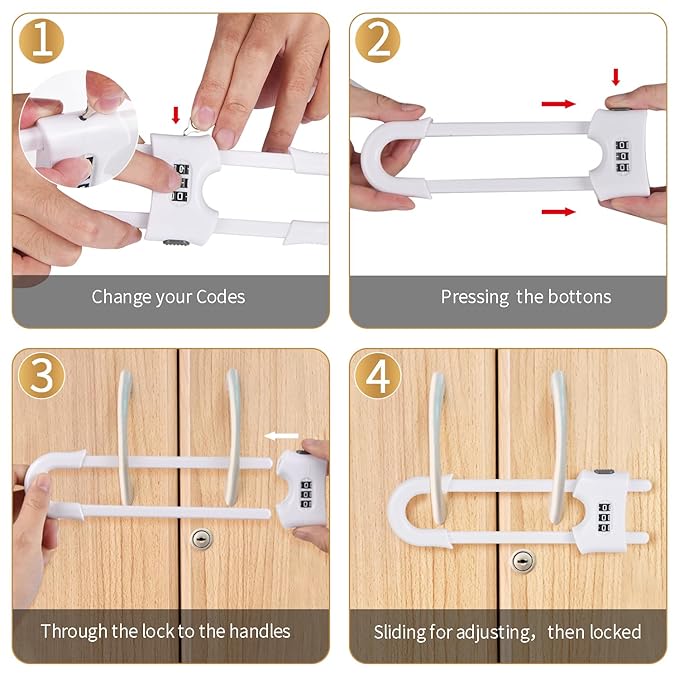 4 Pack U-Shaped Sliding Cabinet Locks Multifunctional Child Safety Lock Adjustable Baby Proof Clips for Home Cabinets Refrigerator Doors Cabinet Knobs and Window Handles (White)