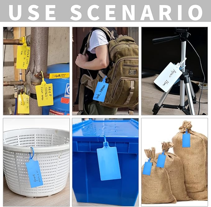 100 Blue Plastic Writable Shipping Tags - Large, Waterproof, Hanging Labels with One Permanent Marker Pen