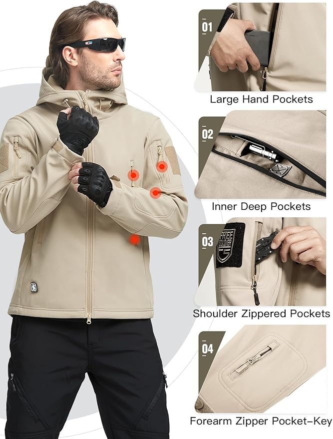 FREE SOLDIER Men's Outdoor Waterproof Soft Shell Hooded Military Tactical Jacket