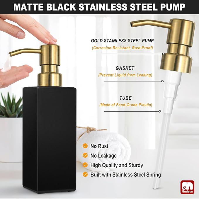 GMISUN Gold Soap Dispenser, Black Soap Dispenser Bathroom with Stainless Steel Pump, Hand and Dish Soap Dispensers Set for Kitchen, 12 fl oz/350ml Glass Liquid Refillable Lotion Dispenser Bottle
