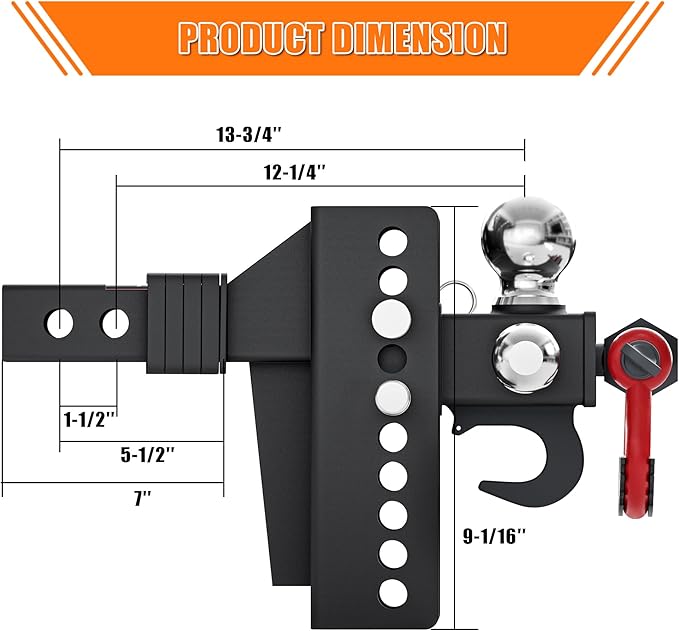 AC-DK Adjustable Heavy-Duty Trailer Hitch Tri-Ball Mount with Tow Hook & Swivel Shackle, Fits 2" Receiver, 4-1/2" Rise/Drop, Includes 1-7/8", 2", & 2-5/16" Balls, Secure Hitch with Locks & Pin