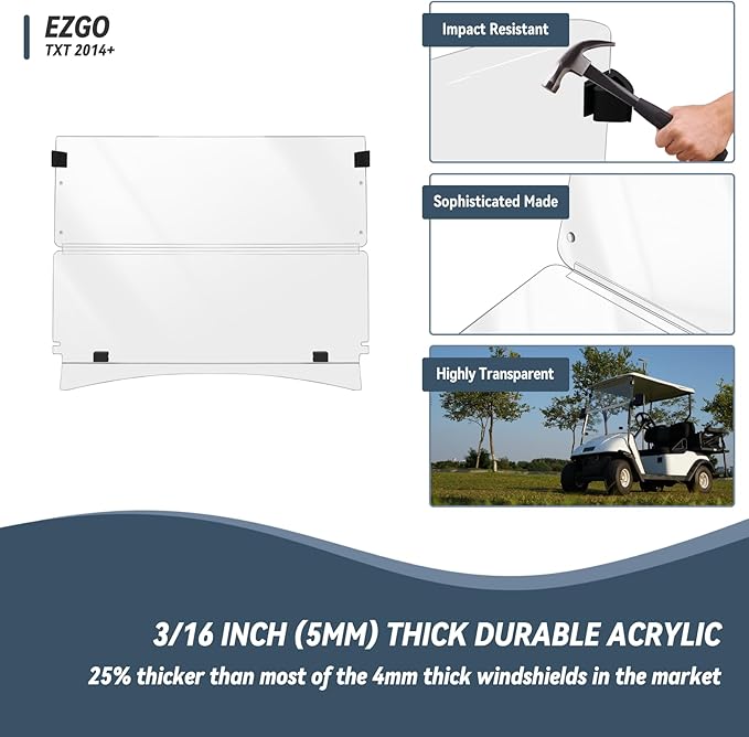 Golf Cart Windshield for EZGO/Club Car DS/Precedent/Yamaha Gas & Electric Models, 5MM Thicken Foldable, Clear Highly Transparent and Impact Resistant Acrylic