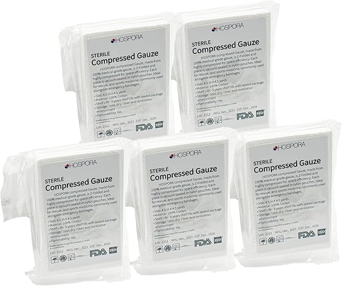 HOSPORA 100% Cotton Z Folded Sterile Compressed Gauze, 4.5 in x 4.1 Yards, First Aid and Emergency Kit Gauze Pads(Pack of 5)