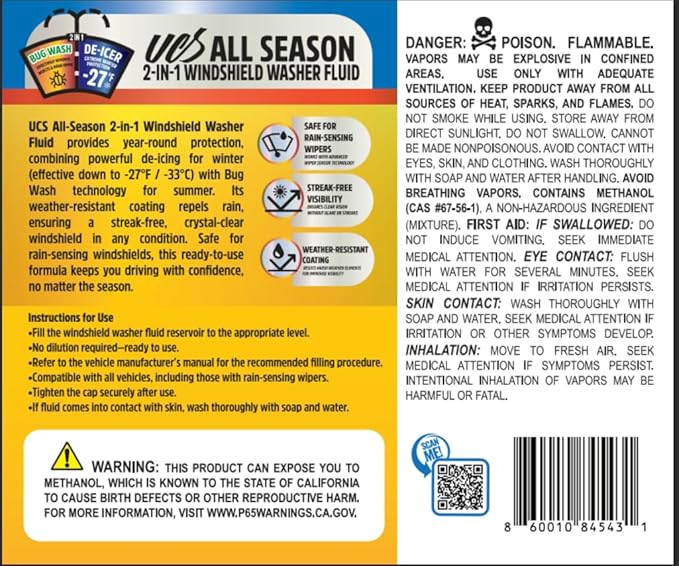 UCS Advanced All-Season Windshield Washer Fluid | Winter Protection to -27°F | 2-in-1 Bug Wash & Water Beading Technology | Streak-Free Visibility | Safe for Rain-Sensing Windshields | 1 Gallon