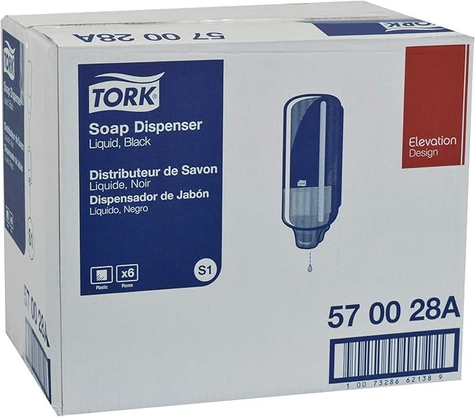 Tork Liquid Skincare Dispensers for Liquid Soap and Hand Sanitizer Black S1, Economical, Elevation Range, 570028A (Pack of 6)
