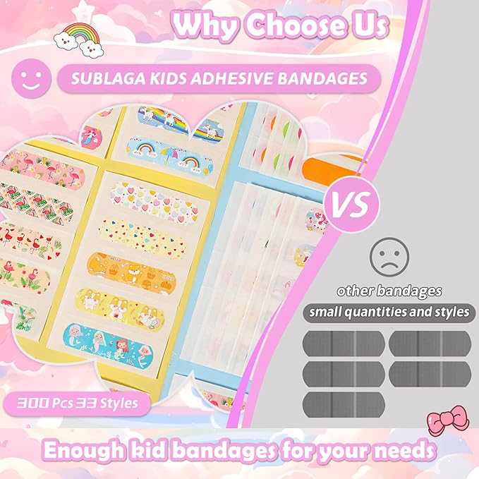 33 Styles Kids Cartoon Bandages 300 Pcs Adhesive Flexible Unicorn Bandages Cartoon Bandaids Variety Pack Waterproof Breathable Protect Scrapes and Cuts for Girls Boys Children Toddlers(Cute)