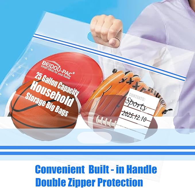 25 Gallon Jumbo Storage Bags with Handle, 30 Counts | Double Zipper Seal | Expandable Bottom, Resealable Clear zip Bags for Home Travel, Moving, Commercial and Outdoor