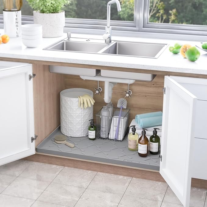 SIKADEER 34" x 22" Under Sink Mat Waterproof, Silicone Mat Kitchen Drawer Shelf and Cabinet Liner, Sink Protector for Bathroom Organizers and Storage, Boot Tray Pet Food Mats