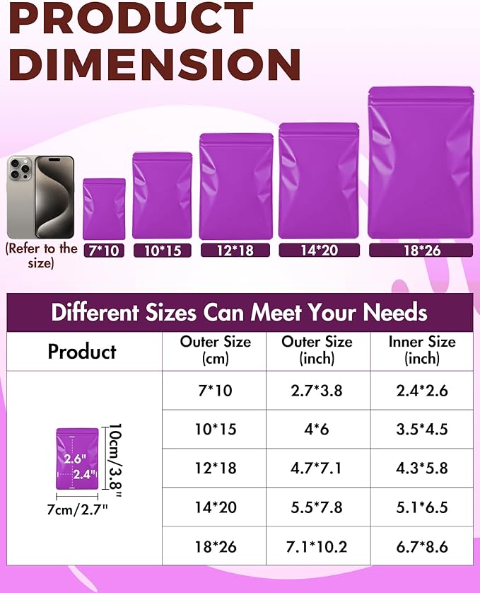 FireKylin 100 Pack Resealable Packaging Bags for Small Business Double-Sided Color Smell Proof Bags for Food Storage Flat Bag (Purple, 2.7" x 3.8")