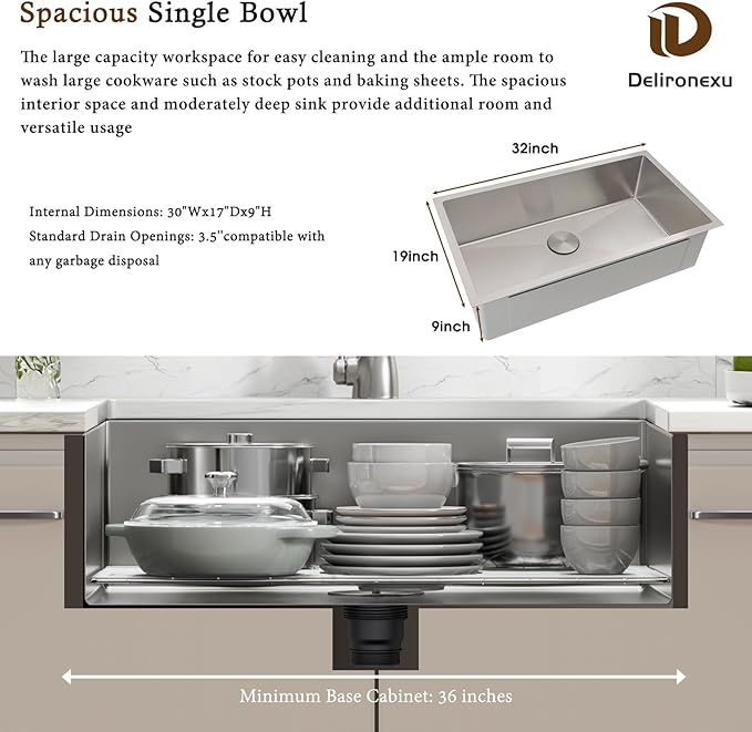 32-Inch Undermount Kitchen Sink - Delironexu 16 Gauge Stainless Steel Kitchen Sink undermount, 32''x19'' Undermount sink Single Bowl with Brushed Finish and 4 Accessories, Modern Design