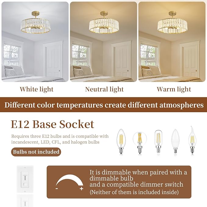 Modern Crystal Chandelier for Dining Room,16 Inch Gold Semi Flush Mount Ceiling Light Fixture,Round Kitchen Hanging Drum Pendant Lights Ceiling for Bedroom Foyer Hallway， 4-Light