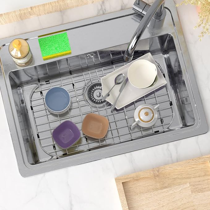 Sink Grid Protector 26" x 14" for Kitchen,Sink Rack with Rear Drain Hole and Corner Radius:3-1/2",Metal Sink Bottom Grate for Single Bowl,304 Stainless Steel,Rust Resistant