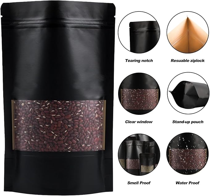 100 Pack Resealable Stand-up Bags With Clear Window for Sealing Storage, Scratch Resistant Hand Storage (Black, 6.39.45 Inch)