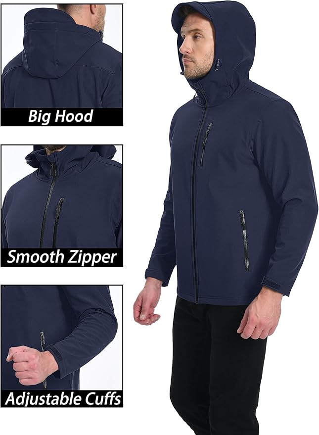 MAGCOMSEN Men's Waterproof Fleece Lined Rain Jacket Lightweight Softshell Raincoat with Hood Winter Hiking Windbreaker