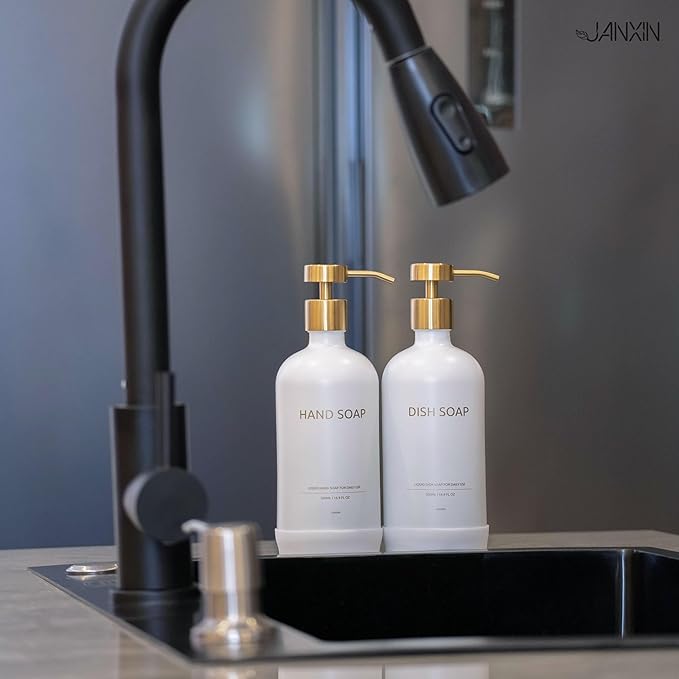 Soap Dispenser Set with Non-Slip Protective Silicone Pad, Hand Soap Dispenser for Bathroom and Kitchen Decor, White and Gold Accessories (White Bottles + Gold Pumps)
