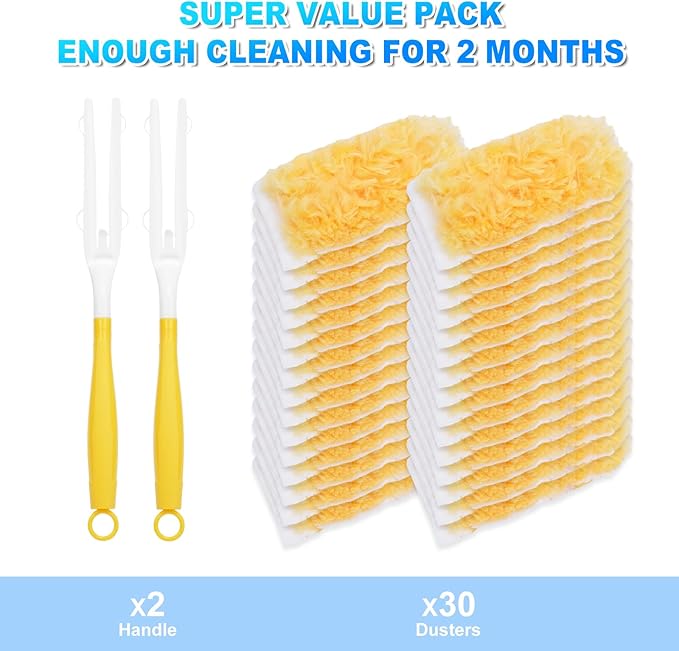 32 Count Duster Refill Compatible with Swiffer Duster Handle, 360° Heavy Duty Dusters Refills with 2 Detachable Handles Compatible with Swiffer Dusters for Cleaning, Blinds & Ceiling Fan