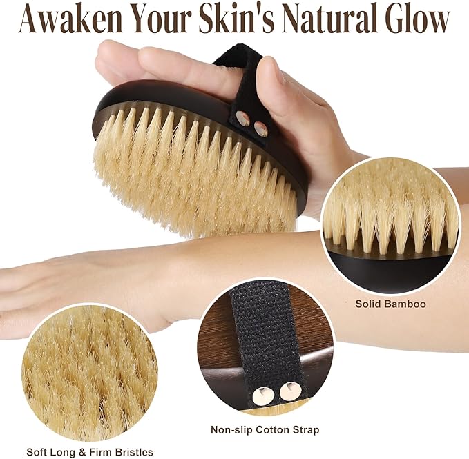 Dry Brushing Body Brush for Lymphatic Drainage, Azymi Shower Bath Brush 100% Natural Thick Bristles Exfoliate Dead Skin, Detoxify, Improve Blood Circulation, Dry & Wet Brush Dual-Use 1-Pack Oval