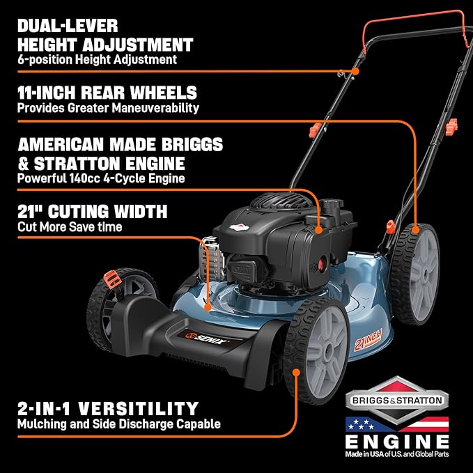 SENIX LSPG-M4 21-Inch Gas Push Lawn Mower with 125 cc 4-Cycle Briggs & Stratton Engine, Mulching and Side Discharge, 6-Position Dual Lever Height Adjustment