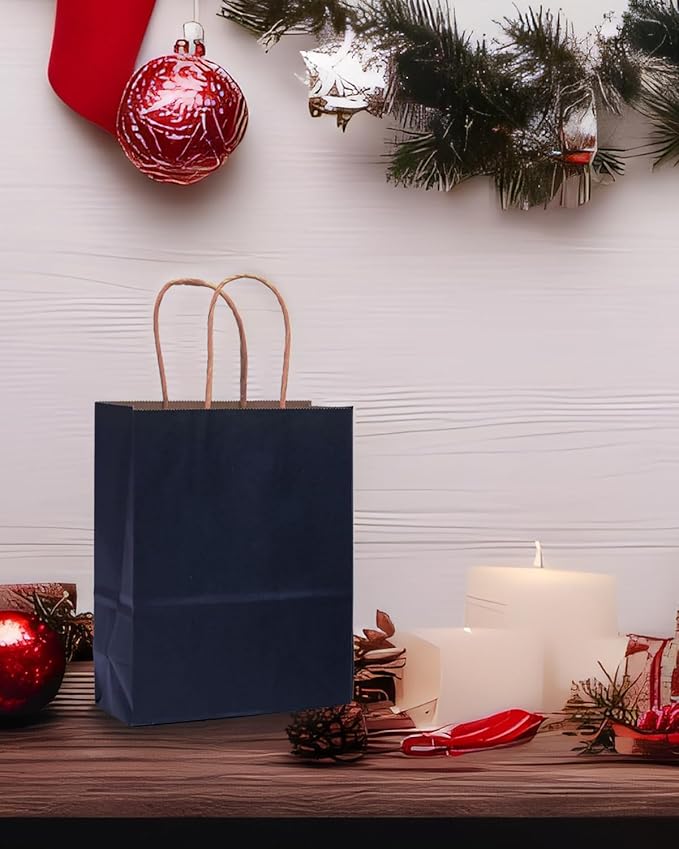 qiqee 32-Packs Navy Blue Paper Gift Bags with Handles Bulk 8.26"×6"×3.15" Small Size Gift Bags Multiple Uses（Small Size）