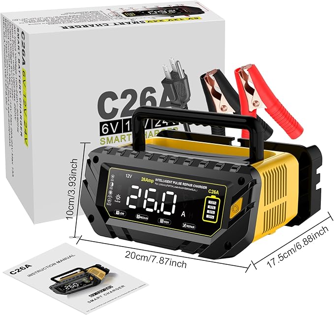 26 AMP Car Battery Charger, 6V/12V/24V Lead-Acid, Lithium, LiFePo4 Smart Battery Charger, Large Screen Trickle Charger, Fully Automatic Chargers and Maintainer for Car, Motorcycle, Lawn Mower