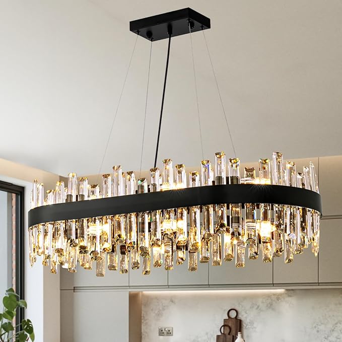 Siljoy Modern Crystal Chandelier Luxury Black 2-Tiers Raindrop Chandelier Adjustable Oval K9 Crystal Ceiling Light Fixture for Dining Room Kitchen Island Bar L35.4'' x W15.7'' x H9.8'', E12 x 16