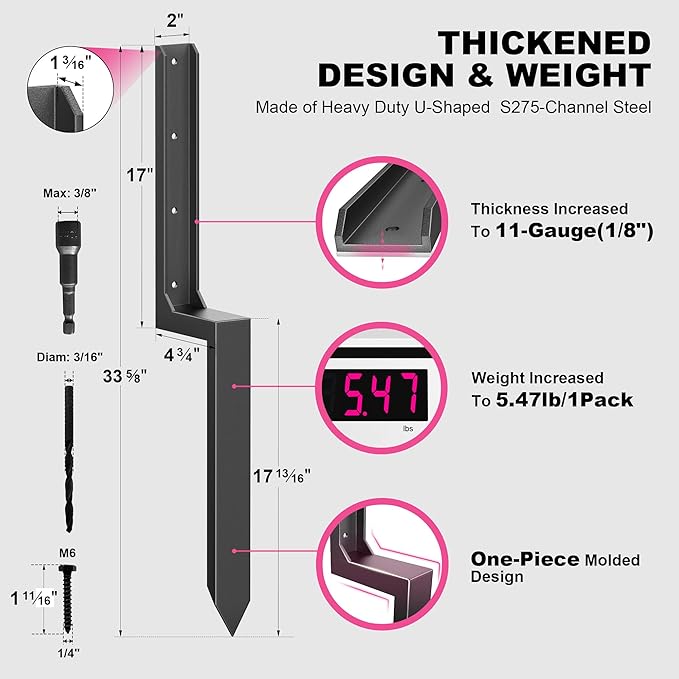 Fence Post Repair Kit - Quick Fix Broken/Leaning 4x4/6x6 Wood Posts with One-Piece Steel Anchor Stakes (Thickened 11-Gauge, 4-Pack)
