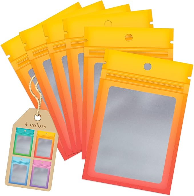 Funfery 100 Pieces Resealable Smell Proof Bags for Food Storage,Clear Cute Mylar Bags for Small Business Foil Sealing Zipper Packaging Bag for Sample Jewelry Eyelash Gloss(Yellow Orange,5.9×8.6in)
