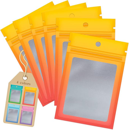 Funfery 100 Pieces Resealable Smell Proof Bags for Food Storage,Clear Cute Mylar Bags for Small Business Foil Sealing Zipper Packaging Bag for Sample Jewelry Eyelash Gloss(Yellow Orange,5.9×8.6in)